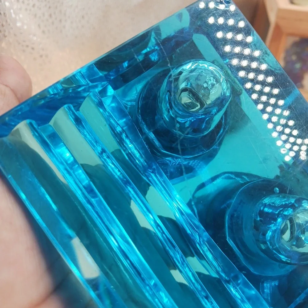 Antique Peacock Blue Glass DOUBLE Inkwell, Late 19th Century Victorian Desk